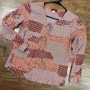 Panhandle‎ Womens Large Red Orange Aztec Southwestern Ranch Casual Shirt Blouse